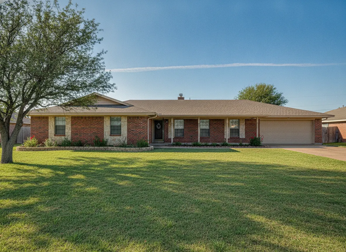 Red-brick ranch house with a flat lawn under a big West Texas sky