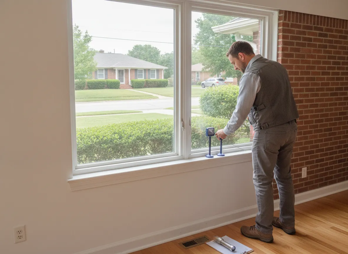 Inspector using a moisture meter on drywall below a window