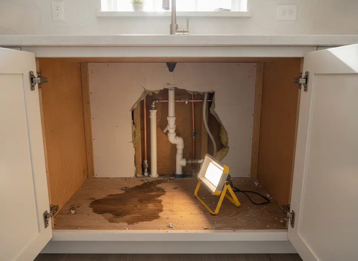 Open sink cabinet with water staining and drywall cut away around plumbing
