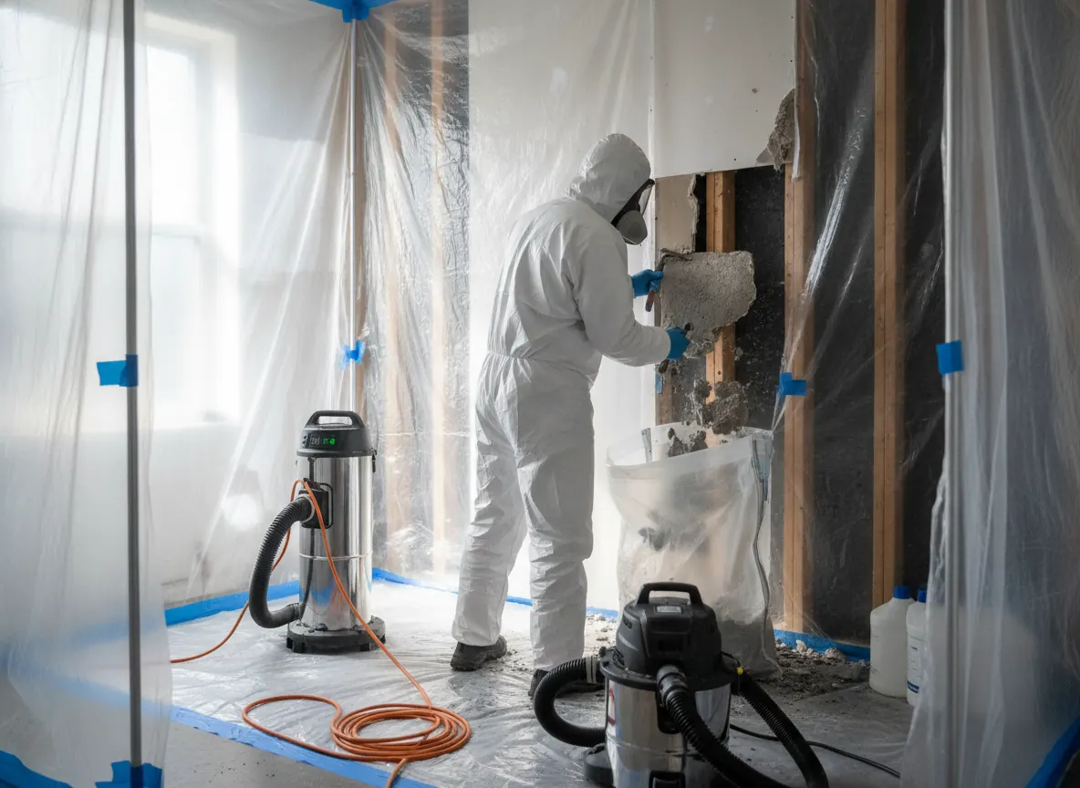 Technician in coveralls removing water-damaged drywall inside plastic containment